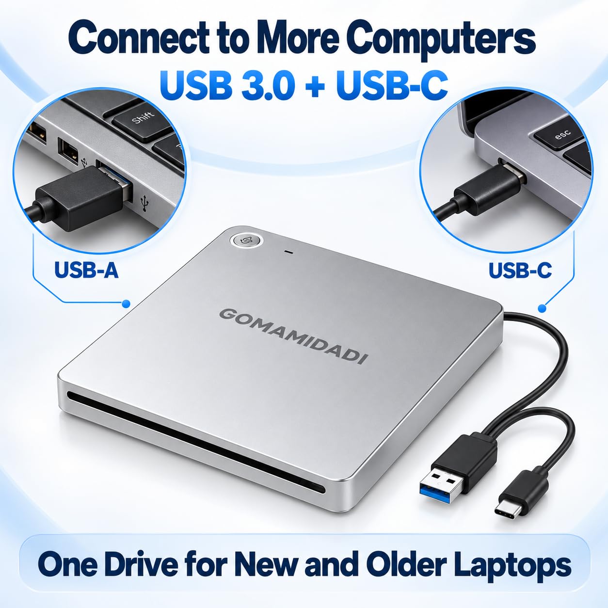 USB 3.0 & Typ-C Externes DVD-CD-Laufwerk, tragbarer Brenner und Leser für Laptop, PC, Mac, Windows 11/10/8/7, Plug & Play, leichtes Design für Zuhause, Büro und Reisen
