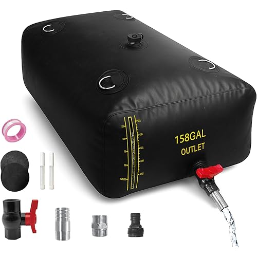 600L/158Gal Water Bladder with Water Level Indicator, PVC Foldable and Portable Water Tank with 3 Connectors and Overflow Kit, Ideal for RV, Camping, Rainwater Collecting,Planting Watering