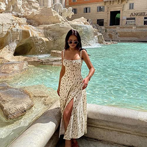 Image of ABEHIK Women Floral Corset Dress Summer Dress 2026 Boho Flowy Slit Lace Up Midi Dresses Going Out A Line Casual Sundress