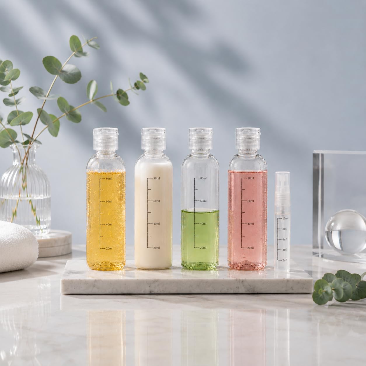 Bottiglie da viaggio 100ml,5 PCS flaconi da viaggio vuoti trasparenti per aereo,Kit Contenitori Viaggio Liquidi in plastica, flacone trasparente per shampo ，lozione， tonico viso, gel,Olio solare
