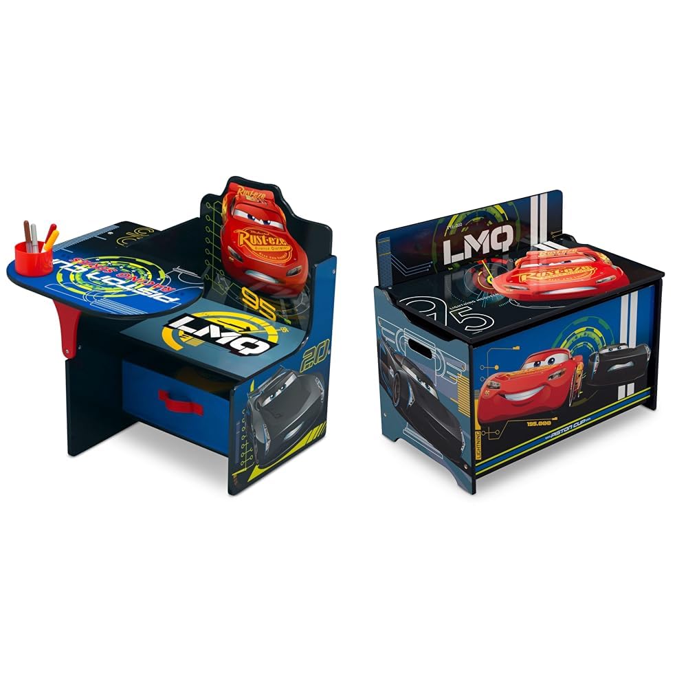 Delta Children Chair Desk with Storage Bin, School, Disney/Pixar Cars, Arm Rest|Cushion Availability, Plastic & Deluxe Toy Box, Disney/Pixar Cars