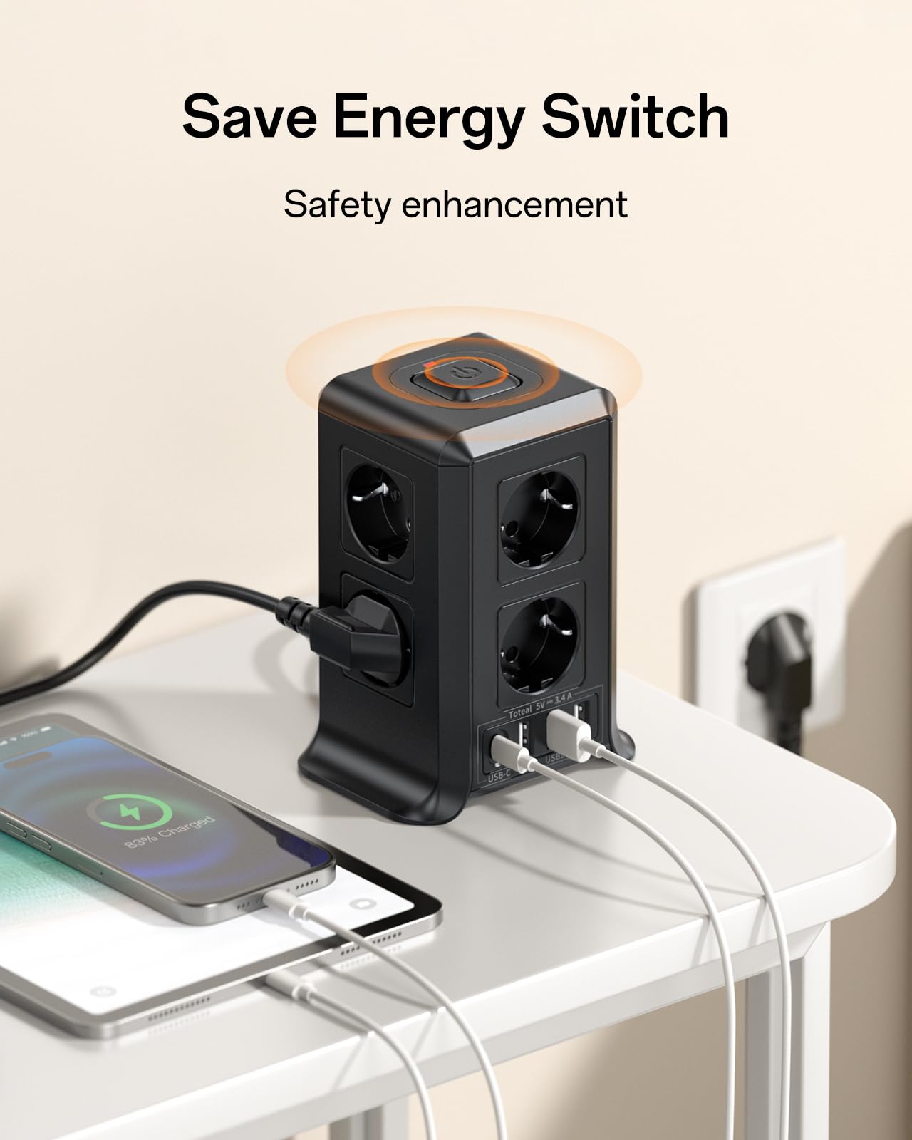 Multiprise avec Interrupteur, Multiprise Parafoudre et Surtension with 8 Sortie AC and 4 USB Ports, pour Le Bureau, Salon, Chambre à Coucher