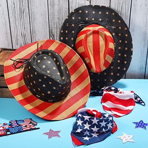 4 Pcs Vintage American Flag Cowboy Hats And Bandanas Handkerchiefs Western Party Hats Usa Vintage Classic Sun Straw Cowboy Cowgirl Hat For Independence Day #TOP6