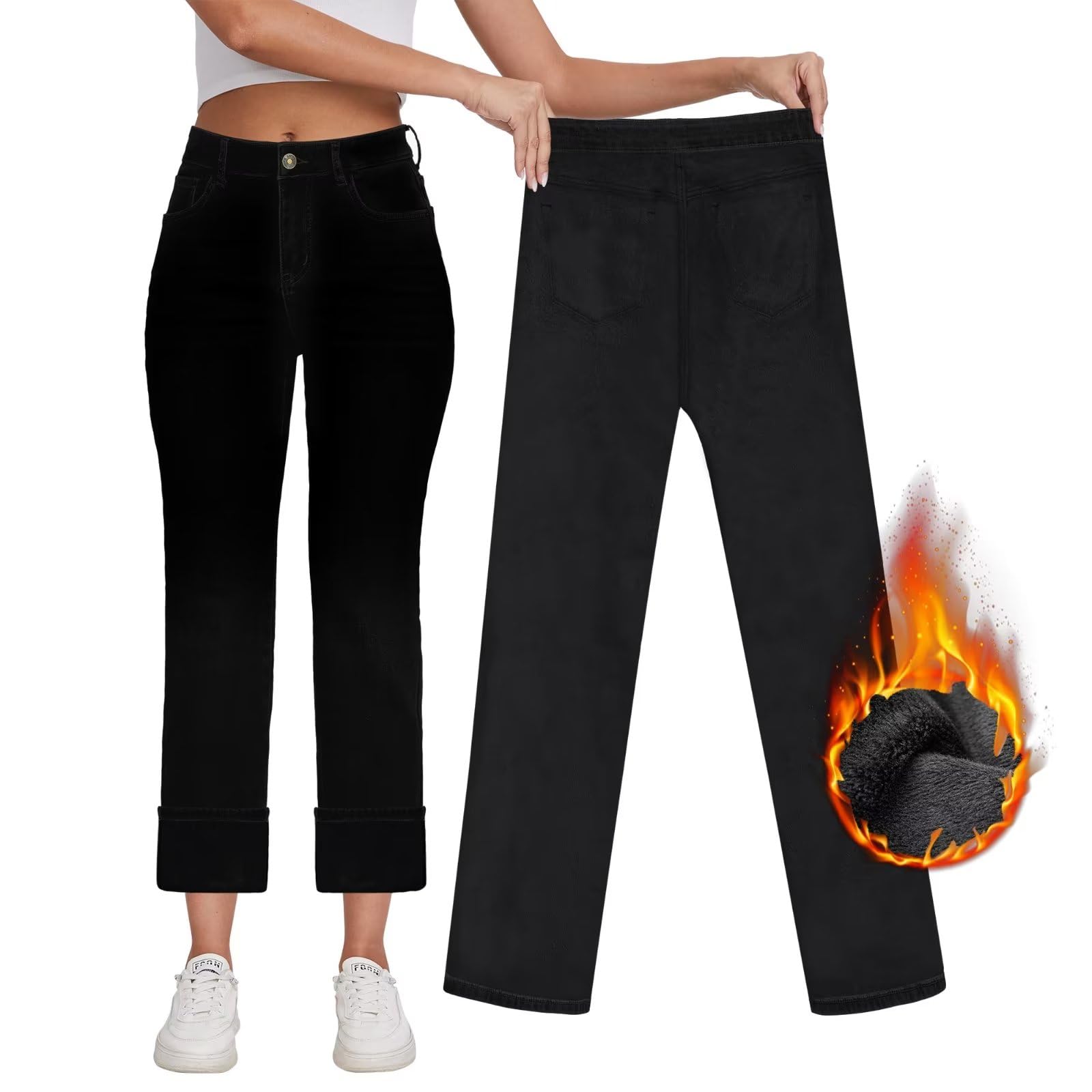 Women Winter Casual Pure Color Fleece Lined Straight Pants 1