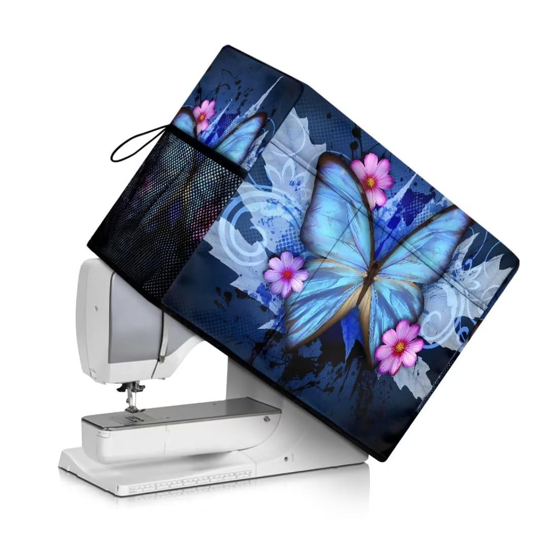 Butterfly and Flower Sewing Machine Cover with Convenient Pockets,Protective Cover with Handle,for Most Standard Sewing Machines and Accessories