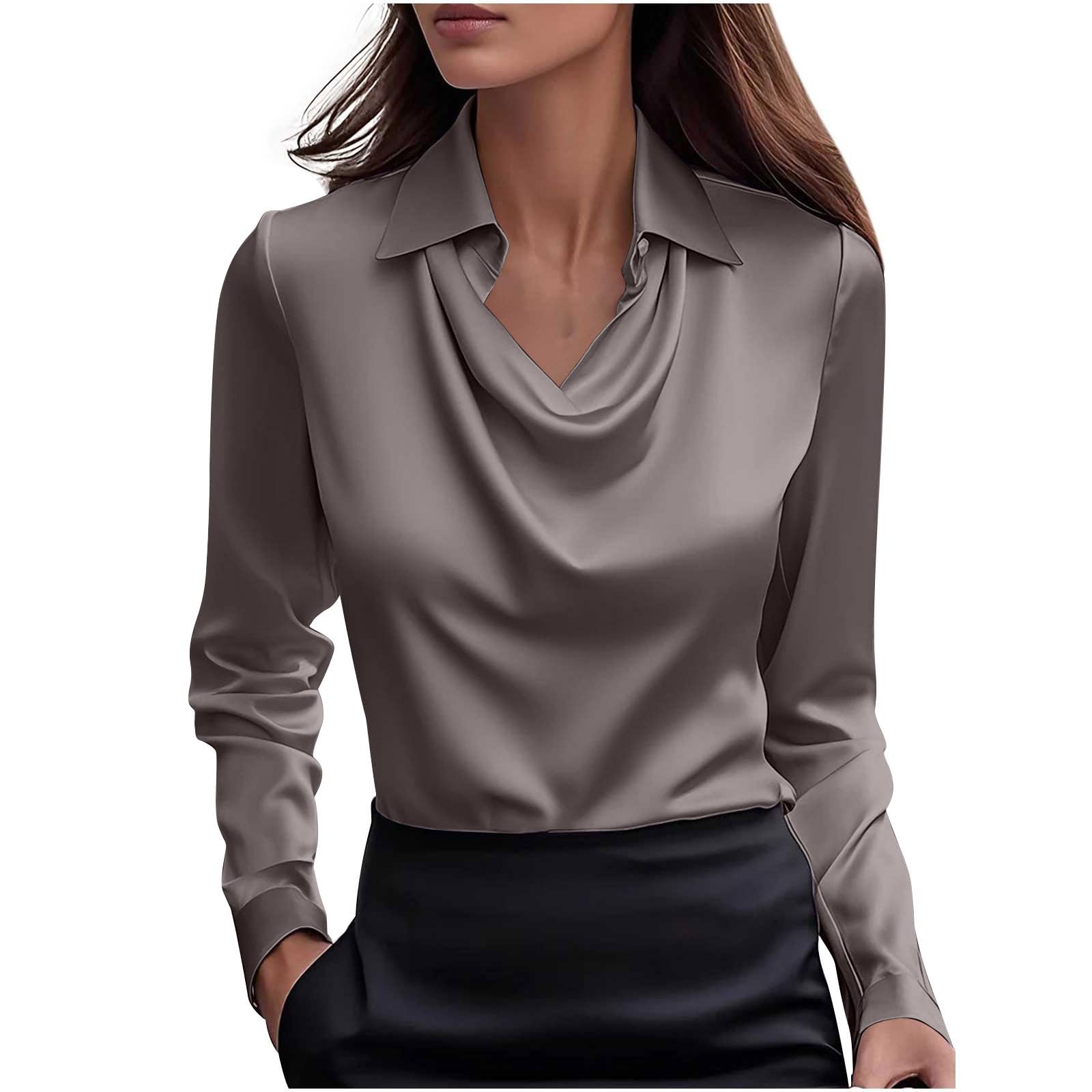 Womens Elegant Satin Silk Blouse Cowl Neck Ruched Long Sleeve Tops Dressy Business Casual Office Work Tees 2026