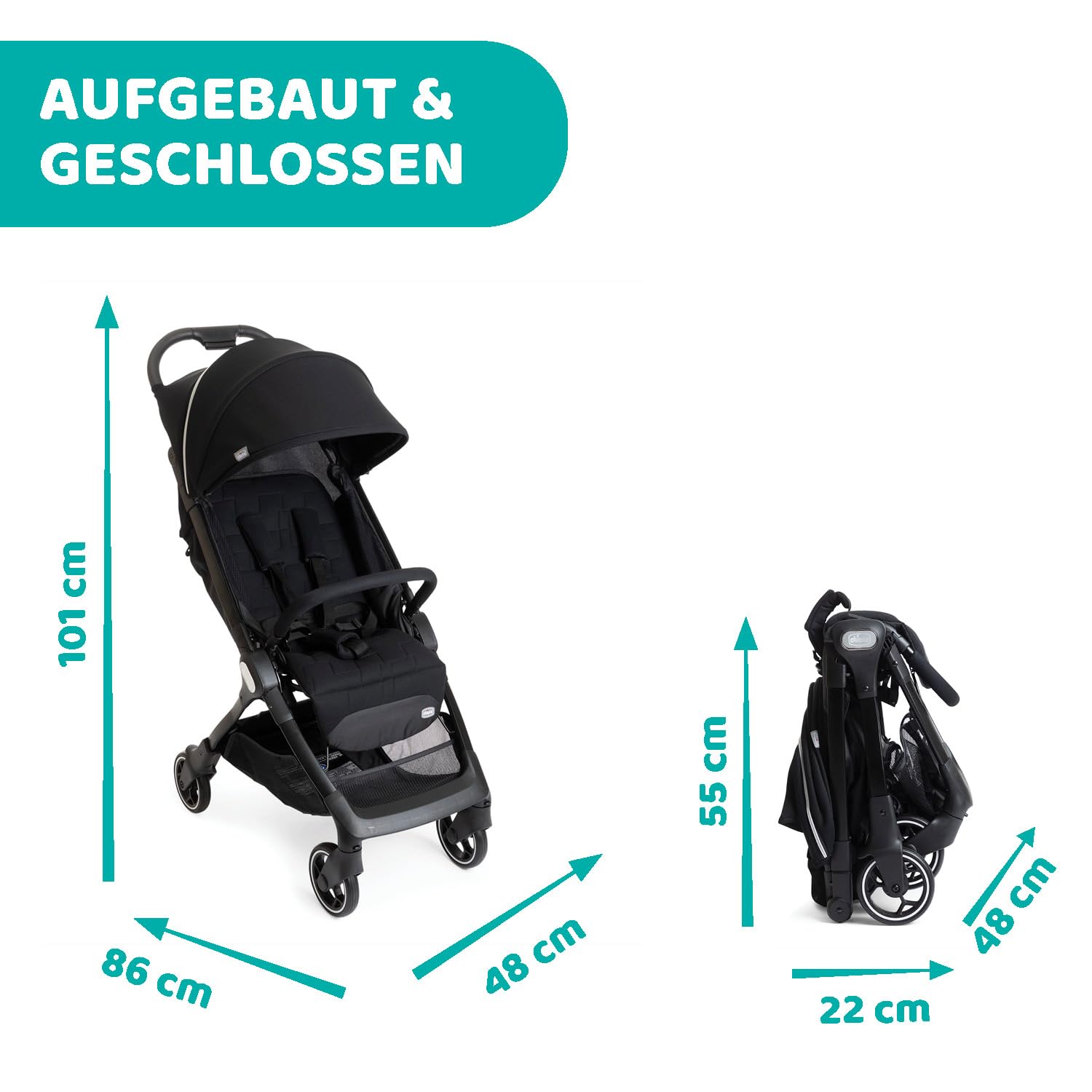 Chicco We Kinderwagen, faltbar, ultraleicht, ab Geburt bis 22 kg, Reise-Kinderwagen, ultra-kompakter, neigbar, EinHand-Verschluss, gepolsterte Schultergurte, Tasche und Regenschutz, Schwarz