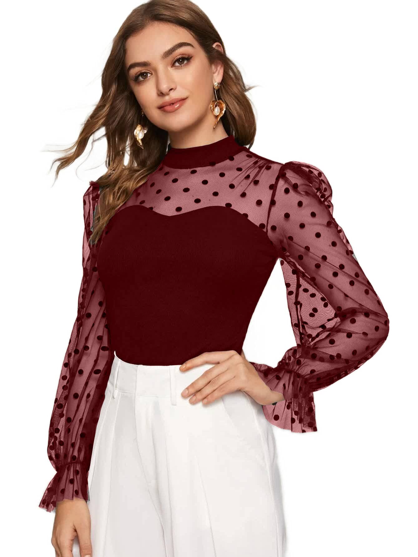 elyraa Women's Elegant Black Polka Dot Mesh Sleeve Top for Women/Girls-picture-41