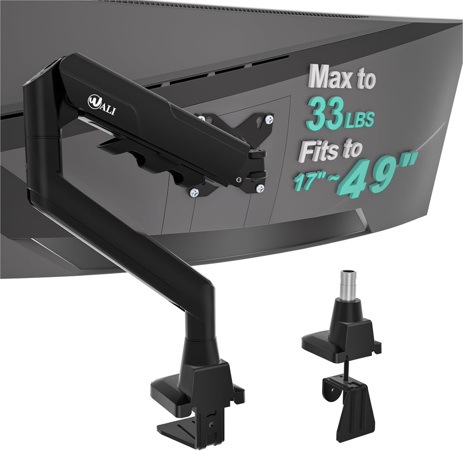 Product: WALI Single Monitor Arm with Desk Mount for 17–49 Inch Screens – Holds Up to 33 lbs, Fully Adjustable VESA Monitor Stand, Heavy Duty Gas Spring for Gaming & Home Office (GSM001XLN)