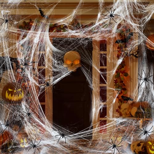 SilverChry Telaraña Halloween, Decoracion Halloween Telarañas, Tela de Araña Halloween, Telarañas Blanco 300 g con 50 Arañas Negras De Terror, 1500 m² para Decoración de Halloween y Jardín Al Aire