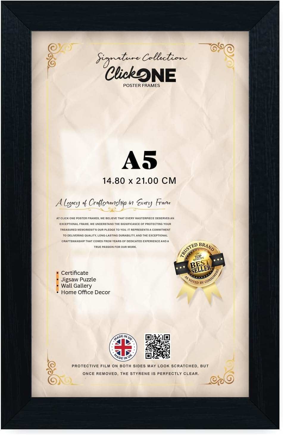 Click One — A5 (14.80 X 21.00 CM) Poster Frame | Solid Engineered Wood | Landscape And Portrait Display For Home And Office Wall Gallery Decor | 8 X 5.5 Inch Black, Easy Wall Mount