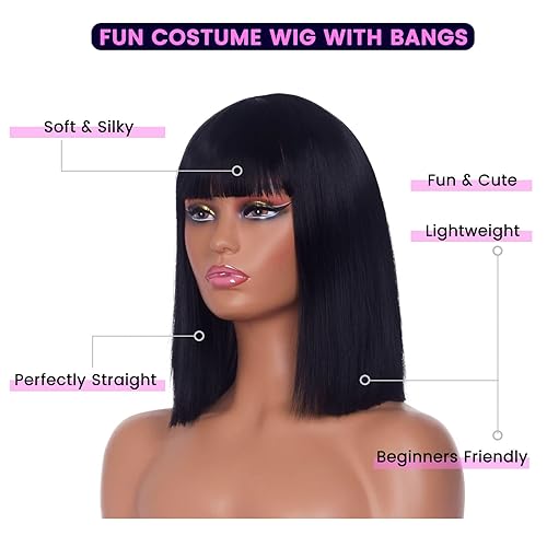 Miniatura 3 de LINGDORA Peluca Bob negra para mujer, pelucas de cabello corto lacio natural de 14 pulgadas con flequillo plano, fibra sintética sedosa resistente