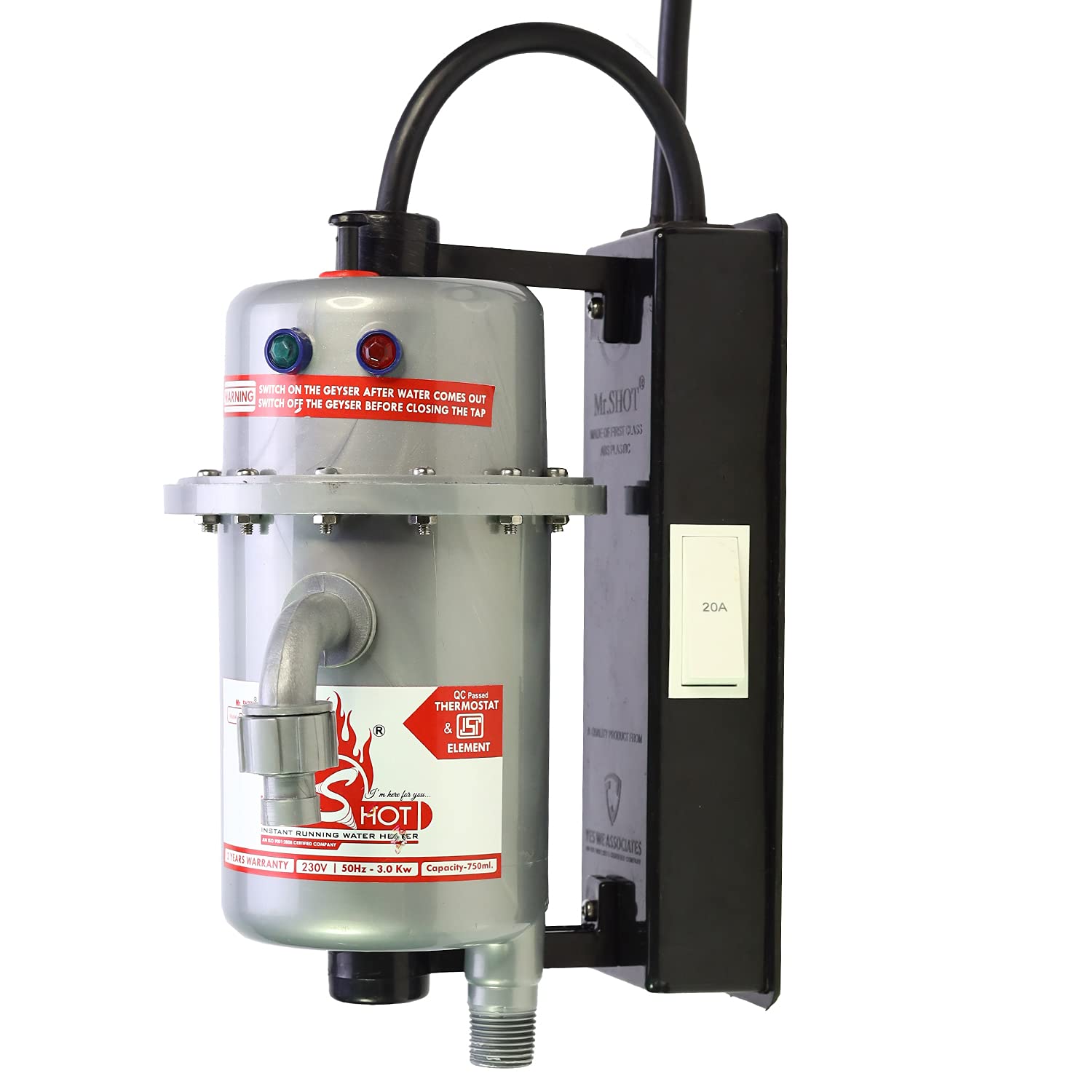 Mr.SHOTMr.SHOT® Prime Instant Running Water Heater Made of First Class ABS Plastic/With On Off Switch/Water Inlet and Outlet Thread Model/Manual Reset Model/Color Metallic Grey