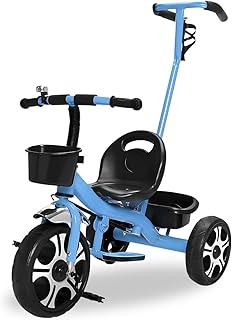 Triciclo Infantil com Apoiador com duas Cestinhas e Sininho Haste Removivel Direcionável (Azul)