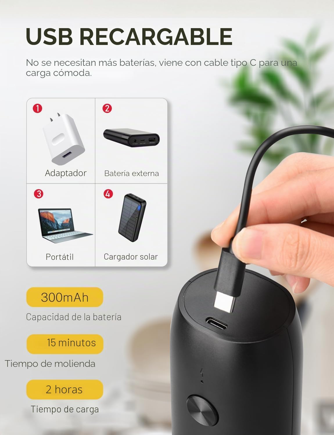 MERTTURM Molinillo Pimienta Eléctrico Recargable, Molinillo Especias con Luz Blanca LED, Grosor Ajustable, Rotor de Cerámica, Operación de Una Mano, Molinillo Sal y Pimienta para Cocina, BBQ