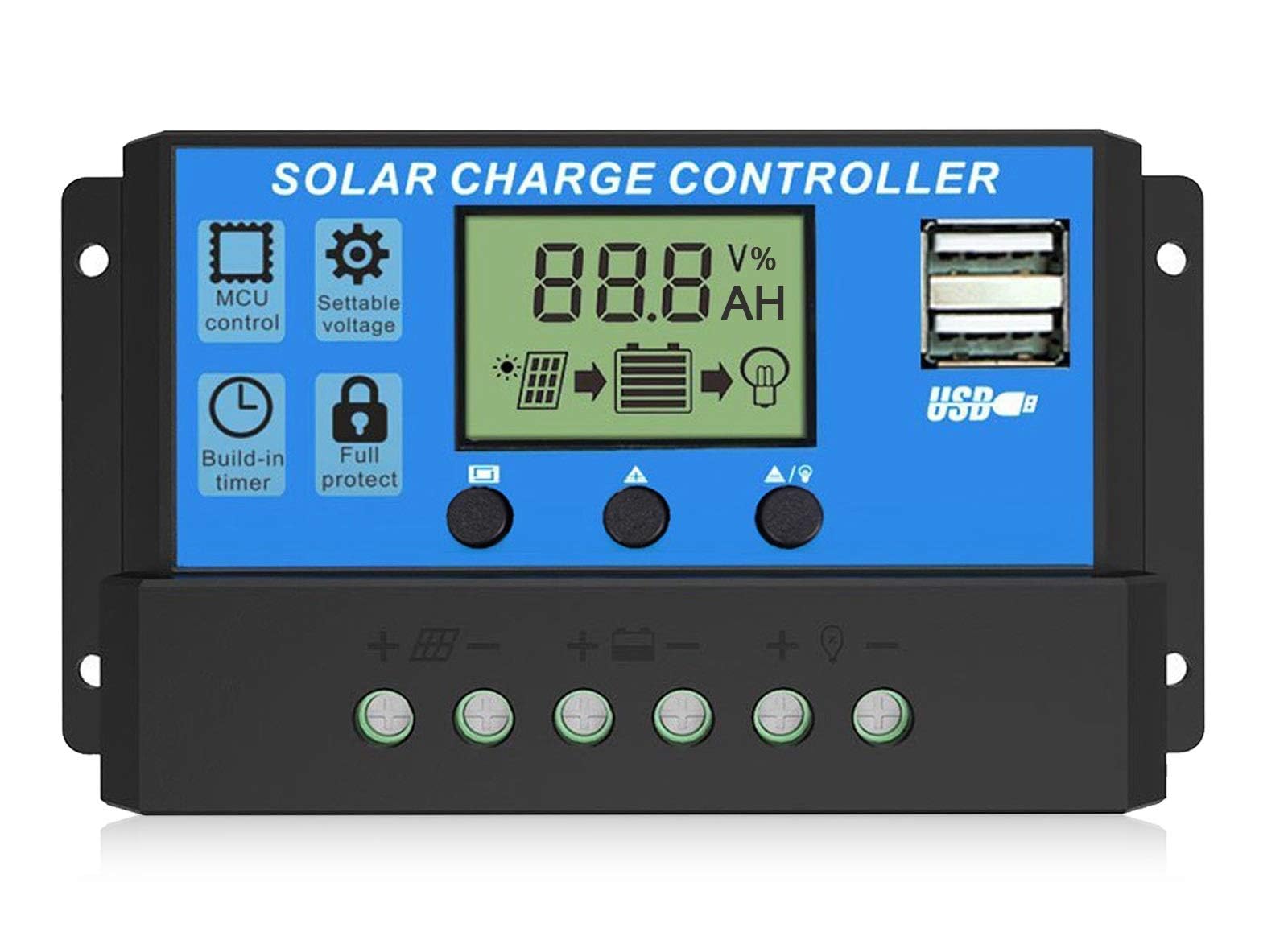 EEEKit 20A Solar Charge Controller, 12V/24V Solar Panel Battery Intelligent Regulator with Dual USB Port PWM Auto Parameter Timer Setting Adjustable LCD Display, Blue