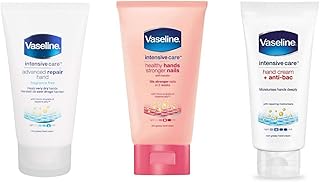 Vaseline Intensive Care Hand Cream Set of 3. Hand Cream + Anti Bac 75ml, Healthy Hands Stronger Nails 75ml, Advanced Repair Hand Cream 75ml. Perfect for the Bathroom or in the Bag on the Go!