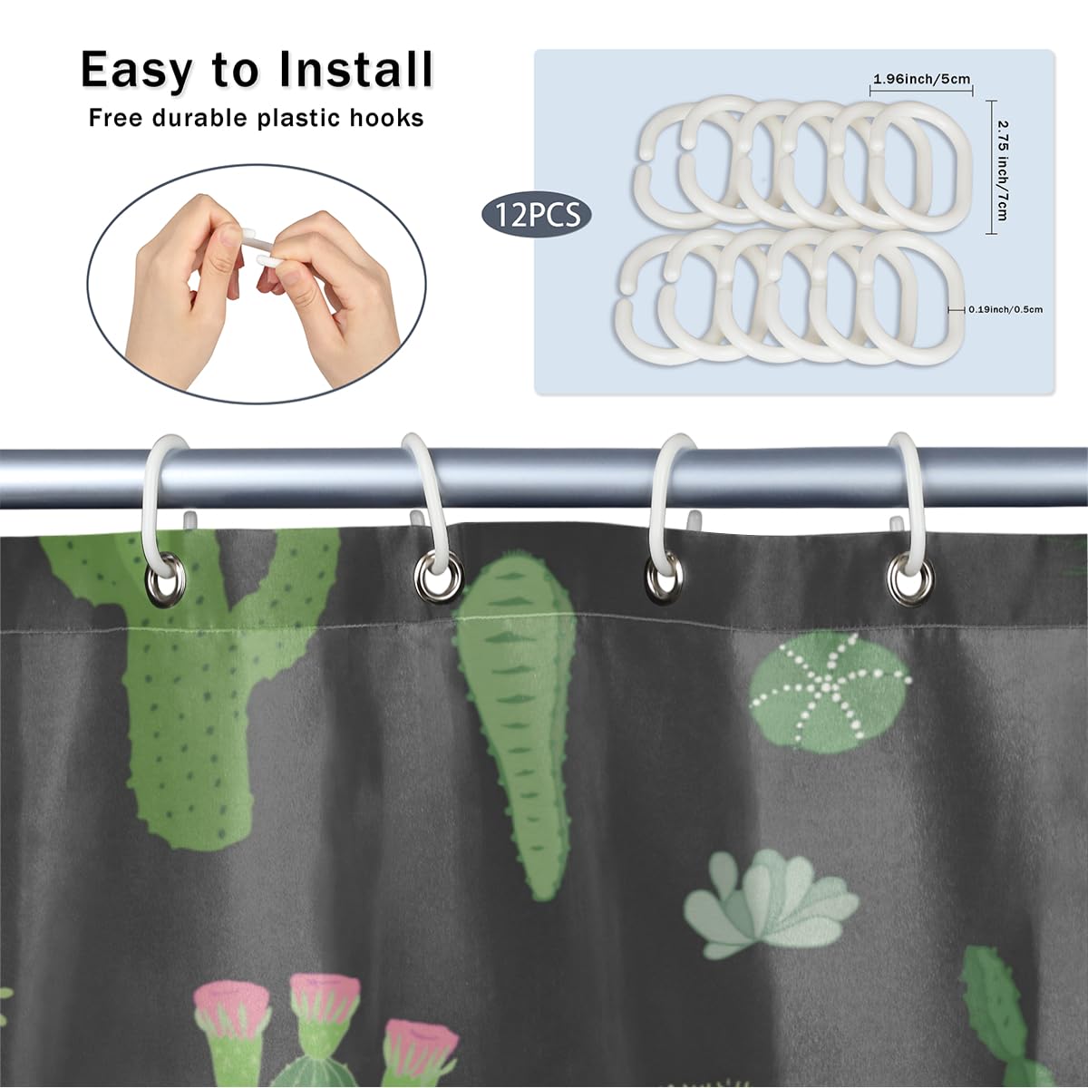 Tenda Doccia Con Cactus E Piante Grasse 183x183 Cm - Tessuto Impermeabile Con 12 Ganci - Set Per Bagno Tema Deserto
