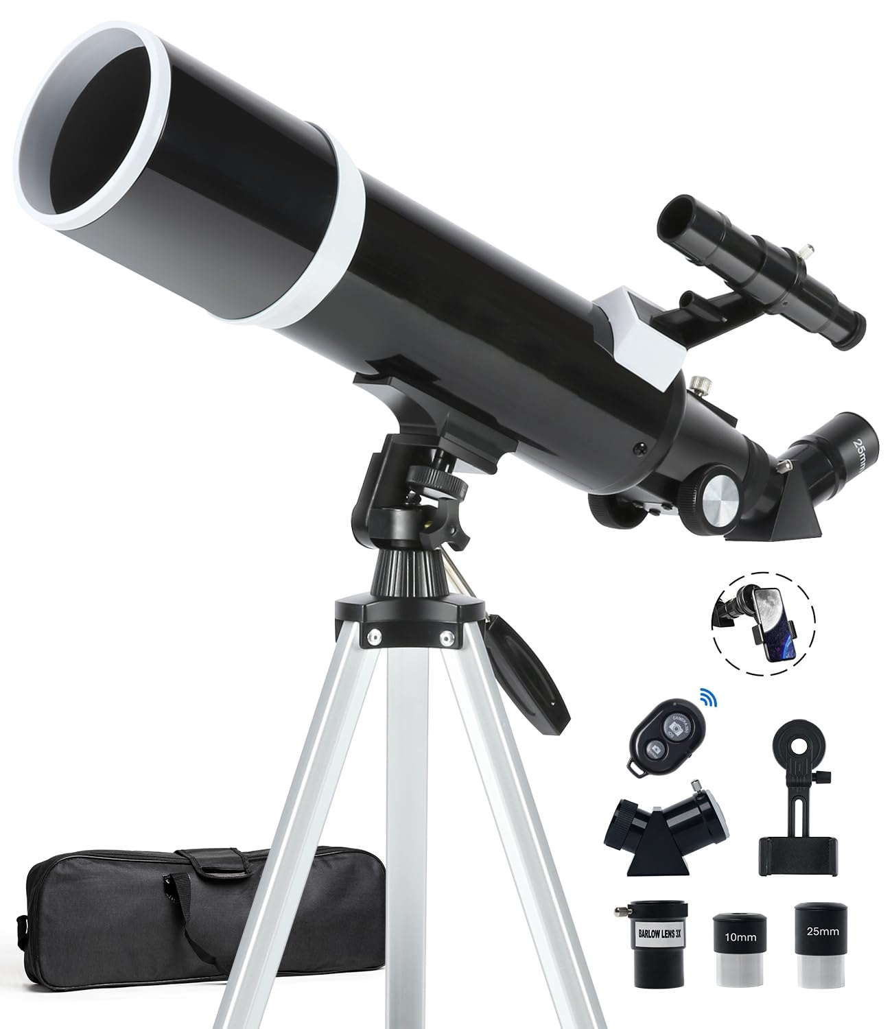 Telescope 80mm Aperture 600mm with Fully Multi-Coated Optics - Professional-Grade Astronomy Tool for Beginners, Includes Wireless Control, Phone Adapter, Moon Filter &amp; Bag，Black