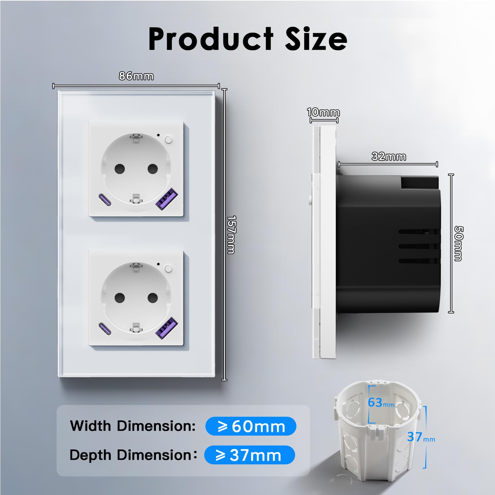 BSEED Wlan Schuko Steckdose mit USB C 20W Schnellladegerät,Smart Steckdose Unterputz mit Strommessung,Arbeit mit Alexa/Google Home,Stromzähler für Doppelsteckdose mit Smart Life App,2 Fach 157mm Weiß