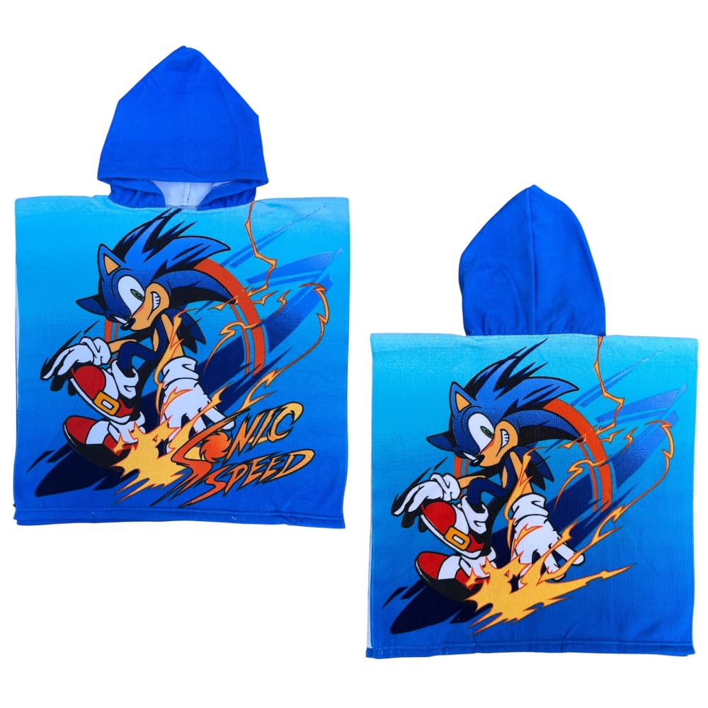 CARTOON Beach Poncho Bathrobe for Children Size 55 x 110 cm Polyester Microfibre Beach Pool, Sonic, Einheitsgröße