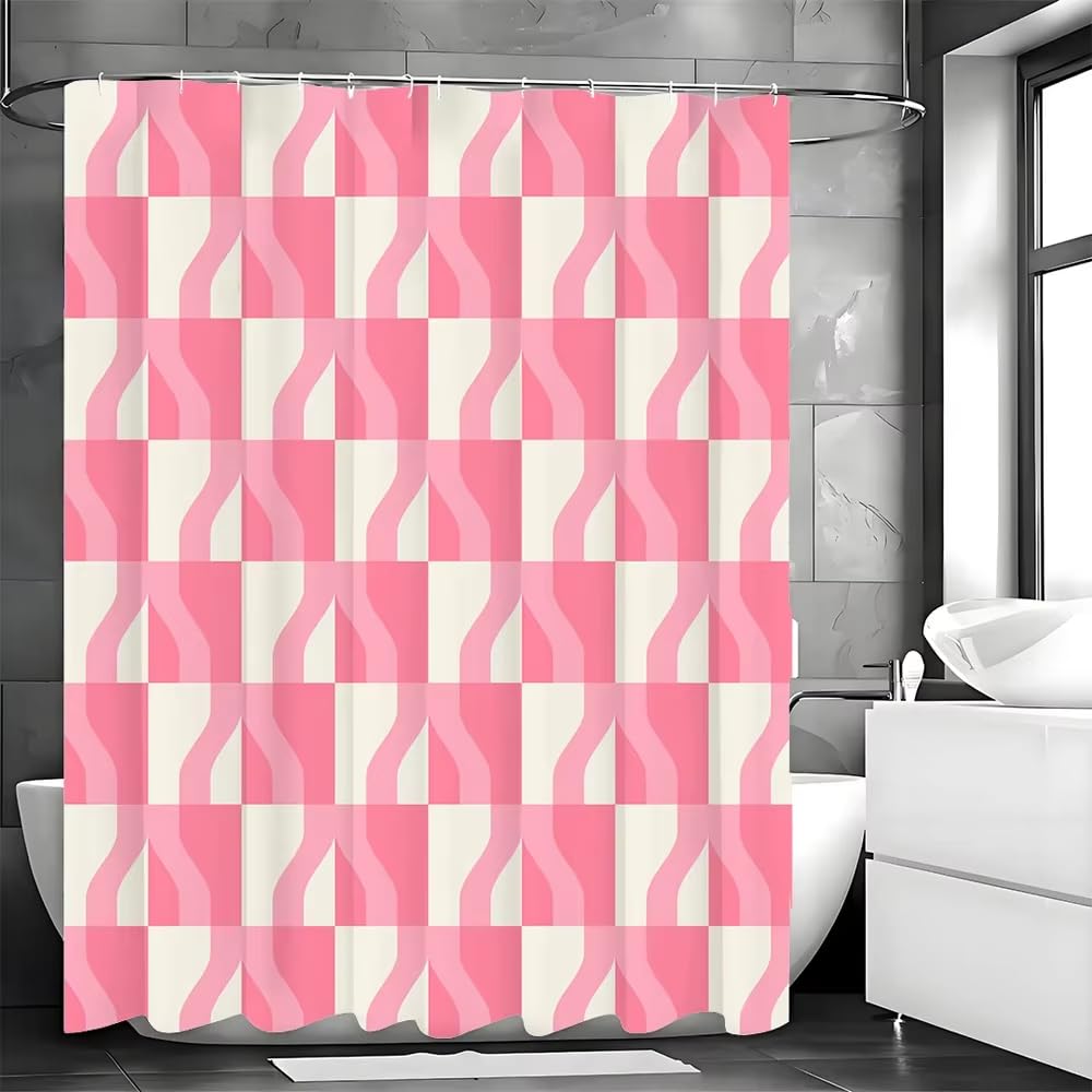 KELAIMI Pink and White Geometric Checkered Shower Curtain,Modern Abstract Bathroom Curtains,Aesthetic Quick-Dry Bathtub Curtains with Hooks Pink 90X180Cm