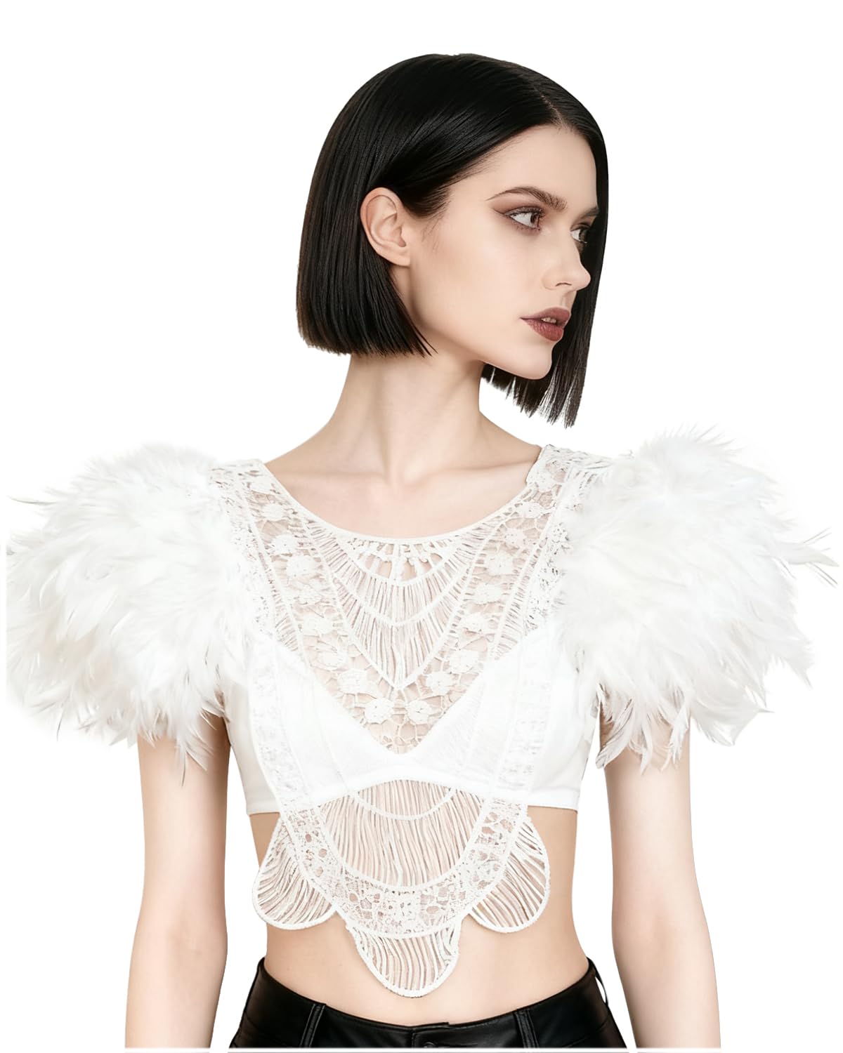 L'VOW Gothic Women Poncho Collar Natural Feather Short Cape Lace Epaulet Shoulder Shrug Wings Halloween Costume