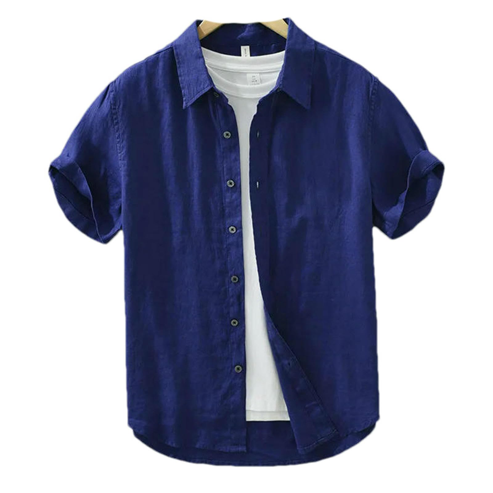 Chemise boutonnée à manches courtes en coton et lin pour homme - Style décontracté et léger - Couleur unie