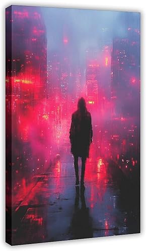 XAHOR Arte de pared de ciberestética, póster futurista de ciudad de neón, impresión retro Y2K Glitchcore para decoración de dormitorio, pósteres de