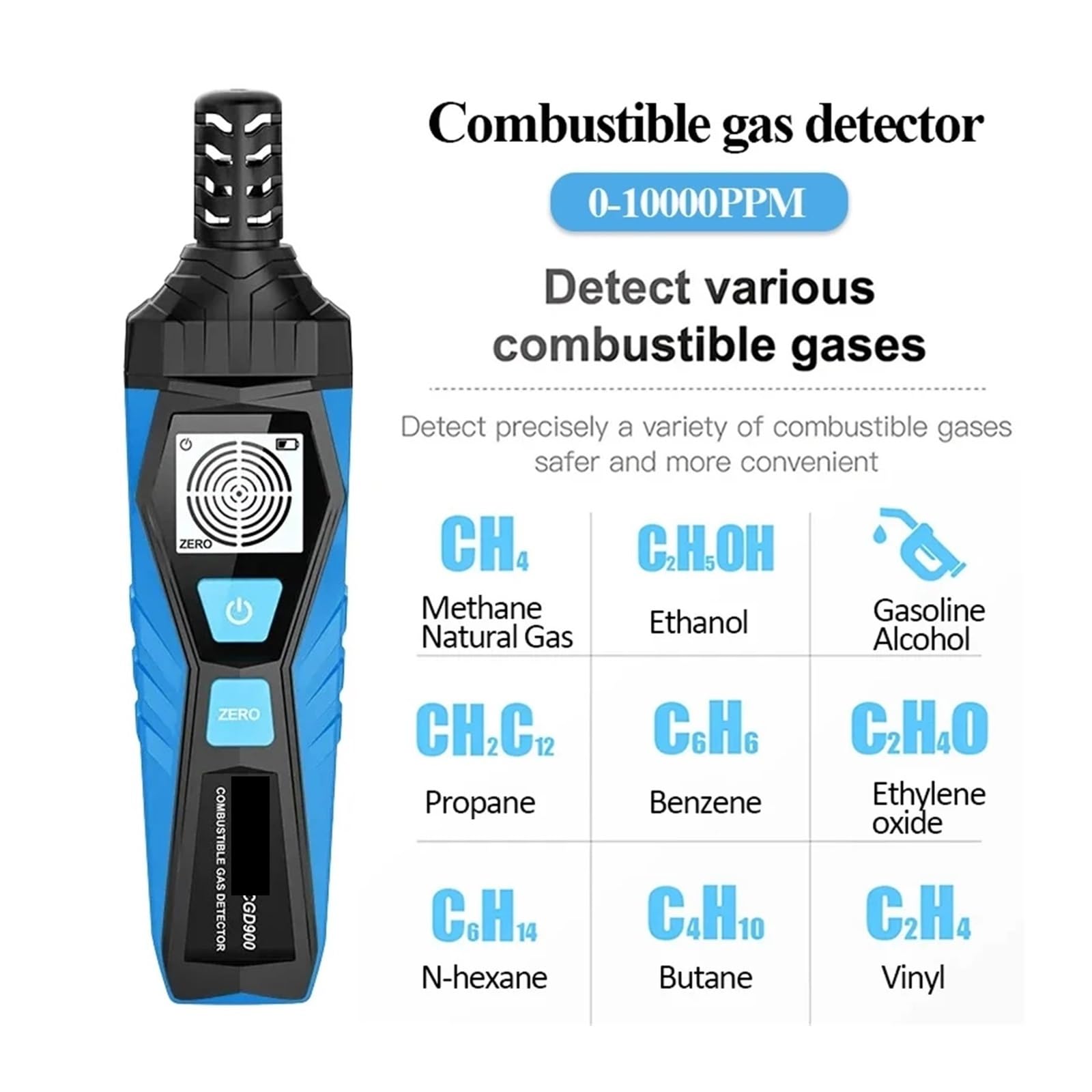 Rilevatore di gas, Rilevatore di perdite gas con LCD CGD900, allarme sonoro e schermo, 0-1000 ppm, rilevatore combustibili, infiammabili, naturali, metano, mini per lavoro, casa