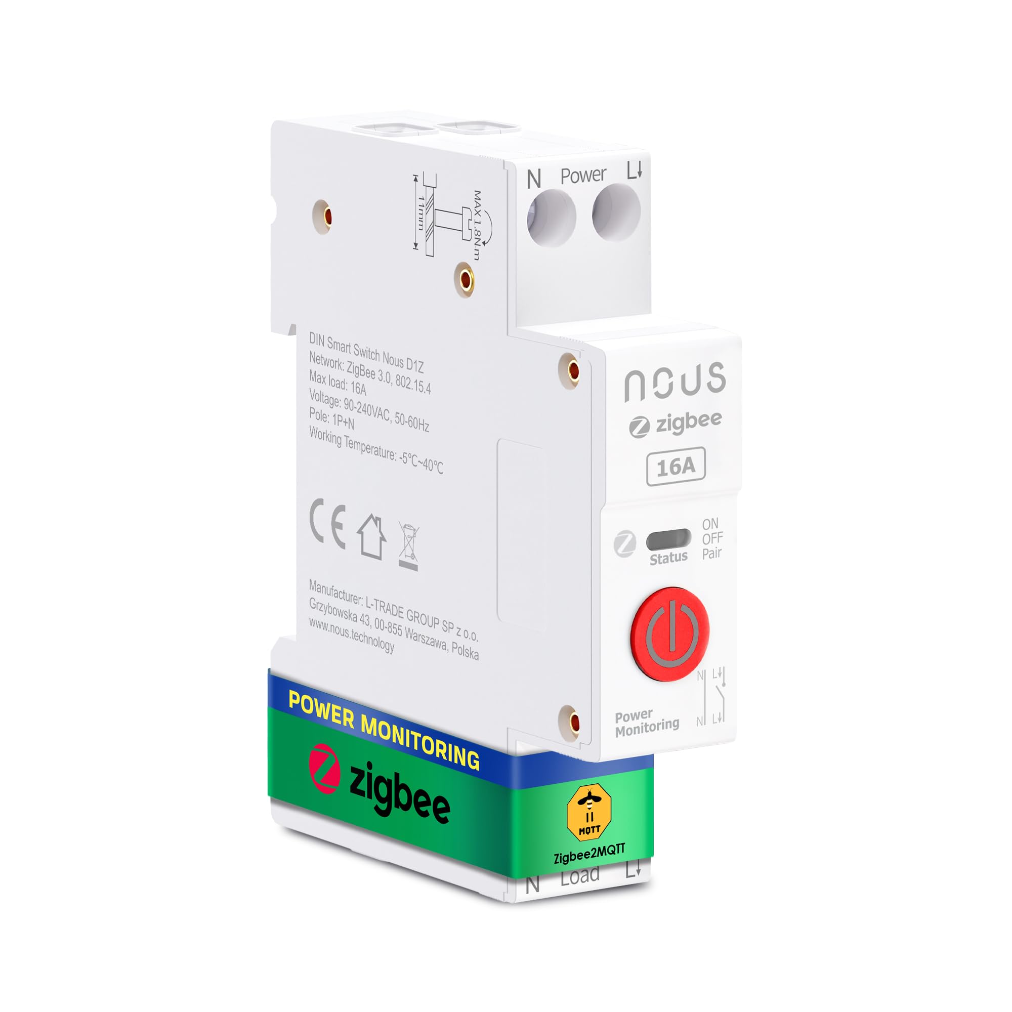 Nous Zigbee DIN przełącznik szyny montażowej, 16 A, inteligentny przełącznik z monitorowaniem energii, kompatybilny z Zigbee2MQTT, Home Assistant, Alexa i Google Home, zdalne sterowanie aplikacją,