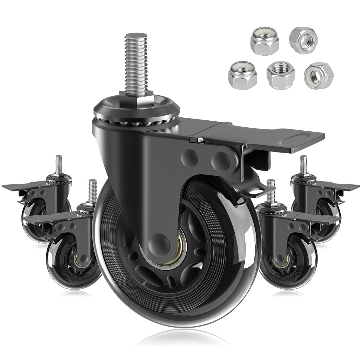 MALLLALA 5 Pack 3" Caster Wheels with Safety Dual Locking,Heavy Duty English 3/8"-16 UNC Bolt,Rubber Castors with Brakes,Threaded Stem Mount,360