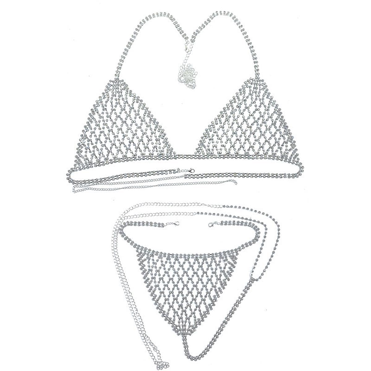 Sexy Diamond Chest Chain Bra Panties Sparkly Rhinestone Body Chain Crystal Bikini Chest Jewelry Lingerie Woman Nightclub Clothing (Gold color)