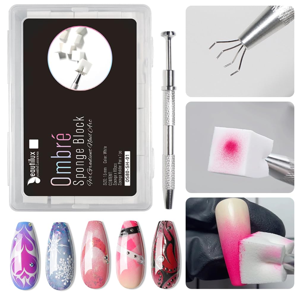 Beautilux Esponja uñas 80 unidades, Color Blanco con Bolígrafo de Esponja Para uñas, Accesorios uñas, Decoración de DIY Nail Art Degradado Designs