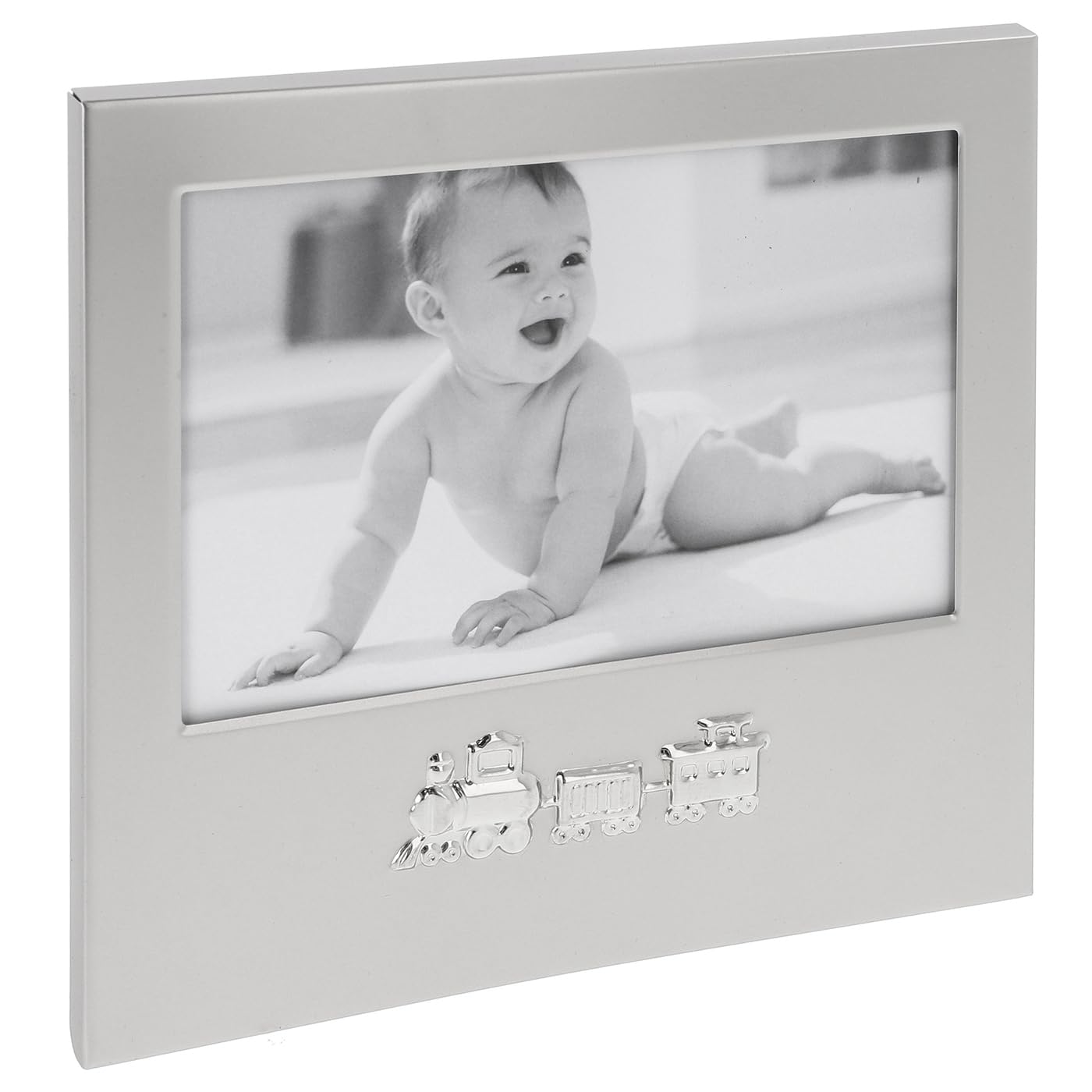 Shudehill Giftware Two Tone Baby 6x4 Photo Frame - Silver Teddy or Train Themed Designs Gift Child's Room, New Baby Gift Idea (Train)