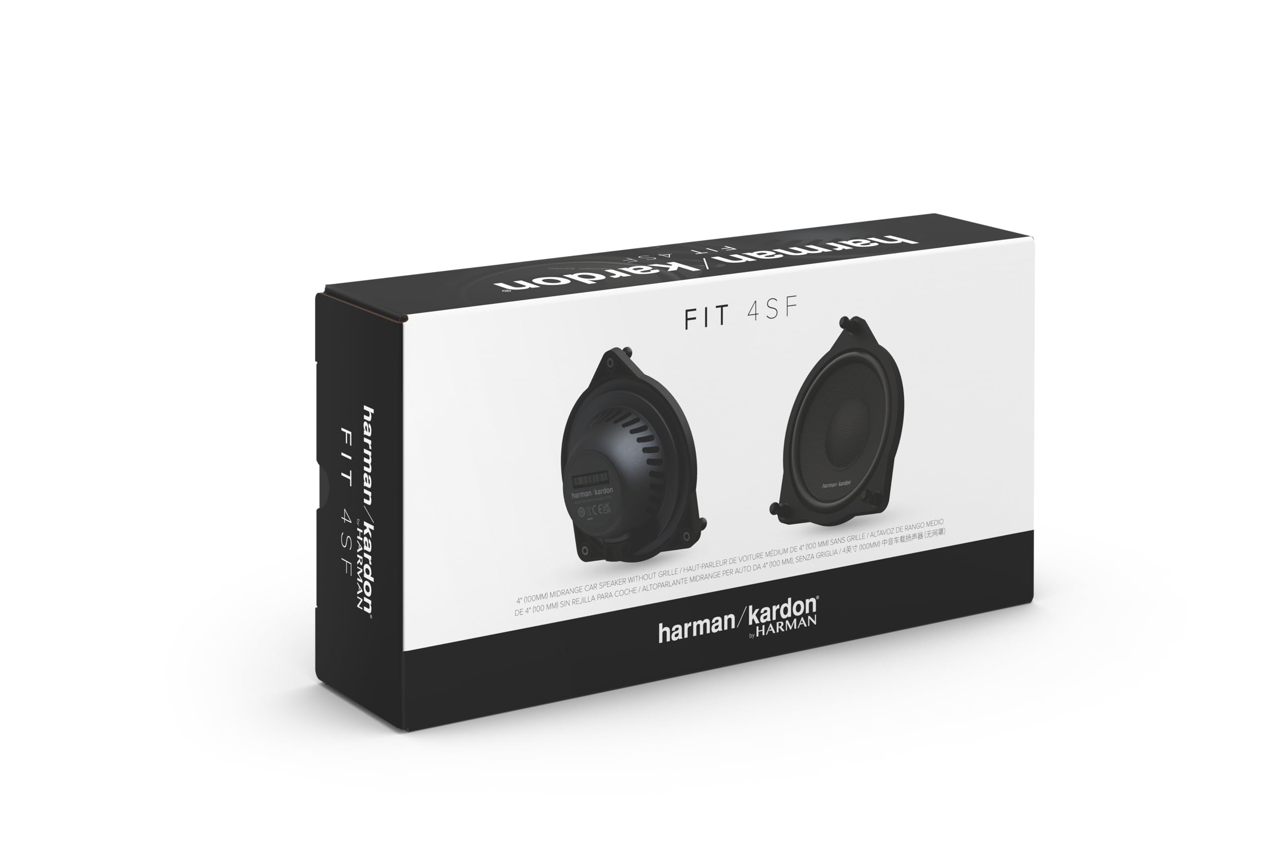 Harman Kardon FIT4SF 4 in / 10 cm Altavoz Coche Rango Medio 3 Vías | 45 W RMS / 360 W pico, 90 dB, 4 Ohm, 200 Hz-8 kHz - transductor midrange sin rejilla - materiales PCR reciclados - par