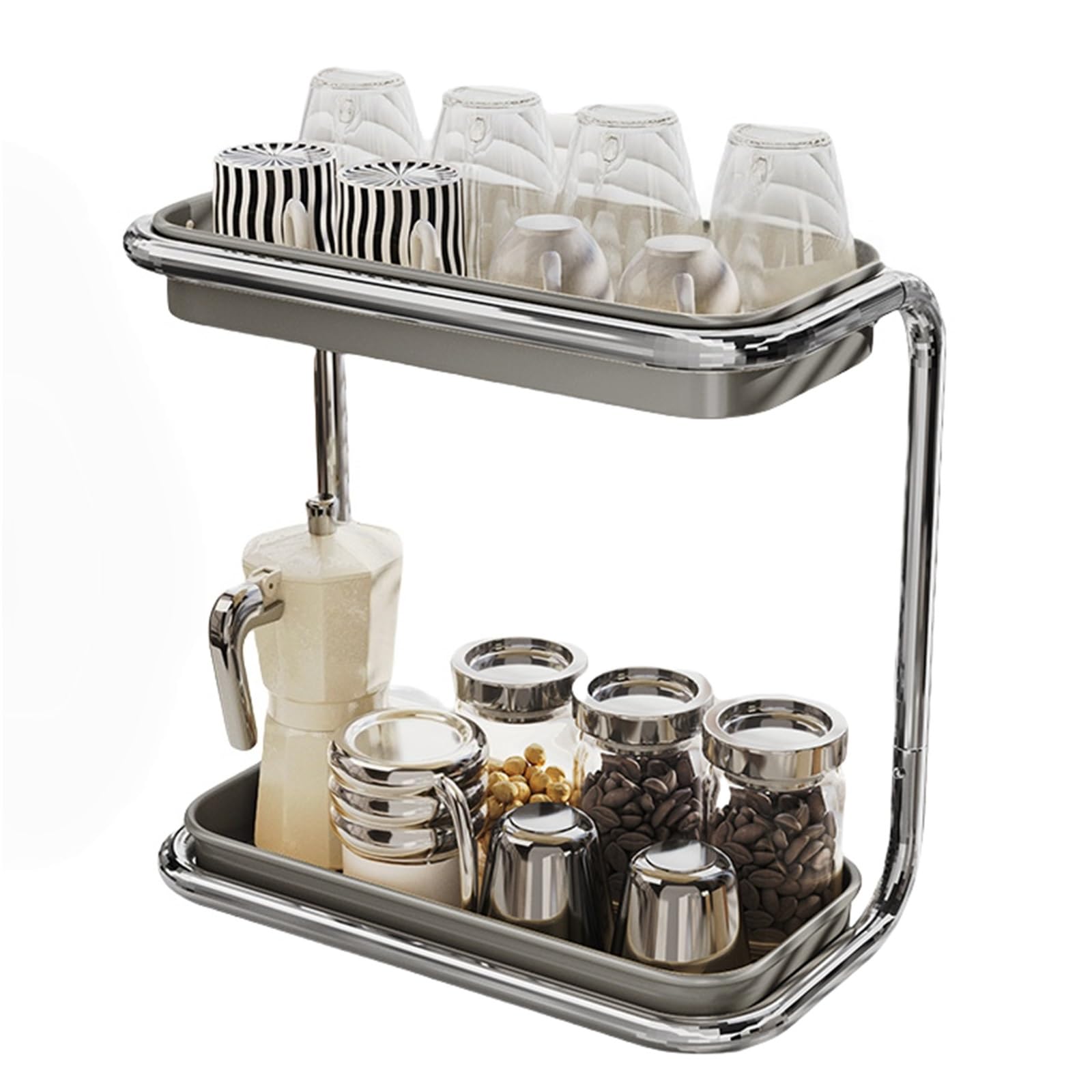 Eiauiuo Countertop Cup Drainer Carbon Steel Double Tier Mug & Glass Organizer Dish Drainer Rack With Removable Tray Draining Board With Drip Tray For Kitchen SinkStorage