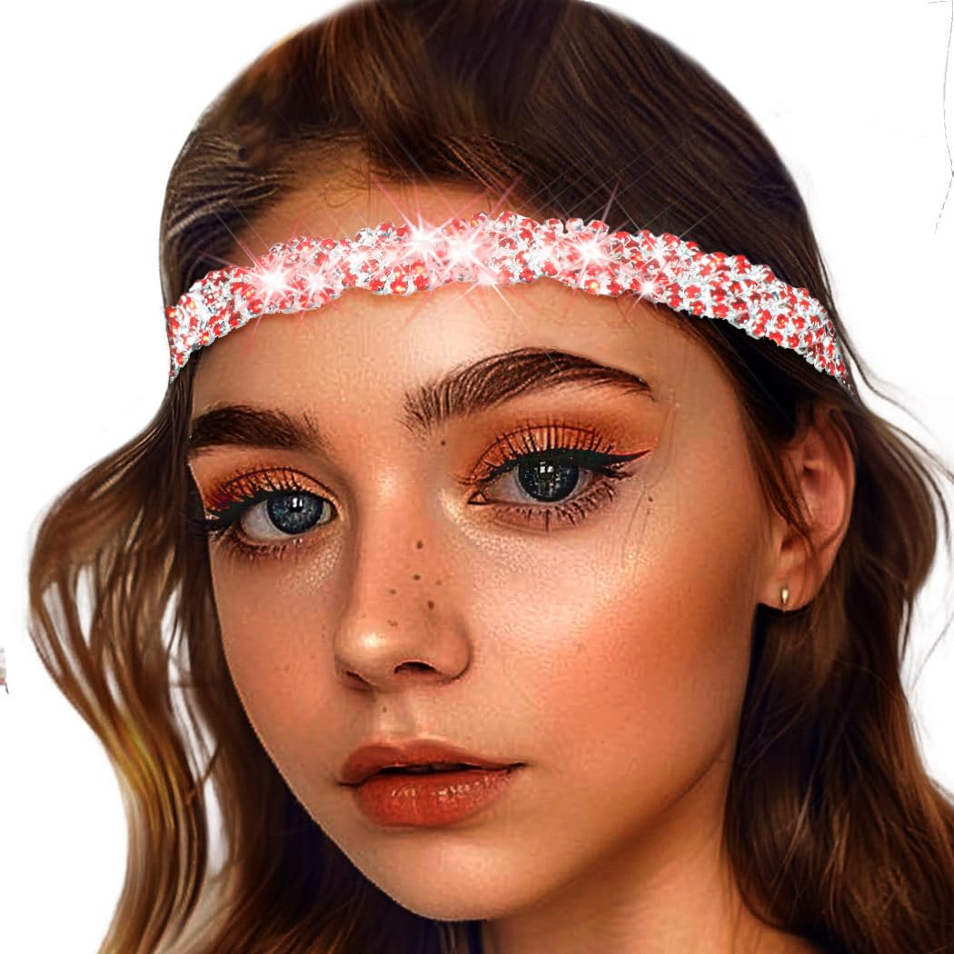 Women's Rhinestone Headbands Sparkly Elestic Hairband Vintage Metal Headbands Sparkly Elegant Party Daily Head Chain (Red, M)