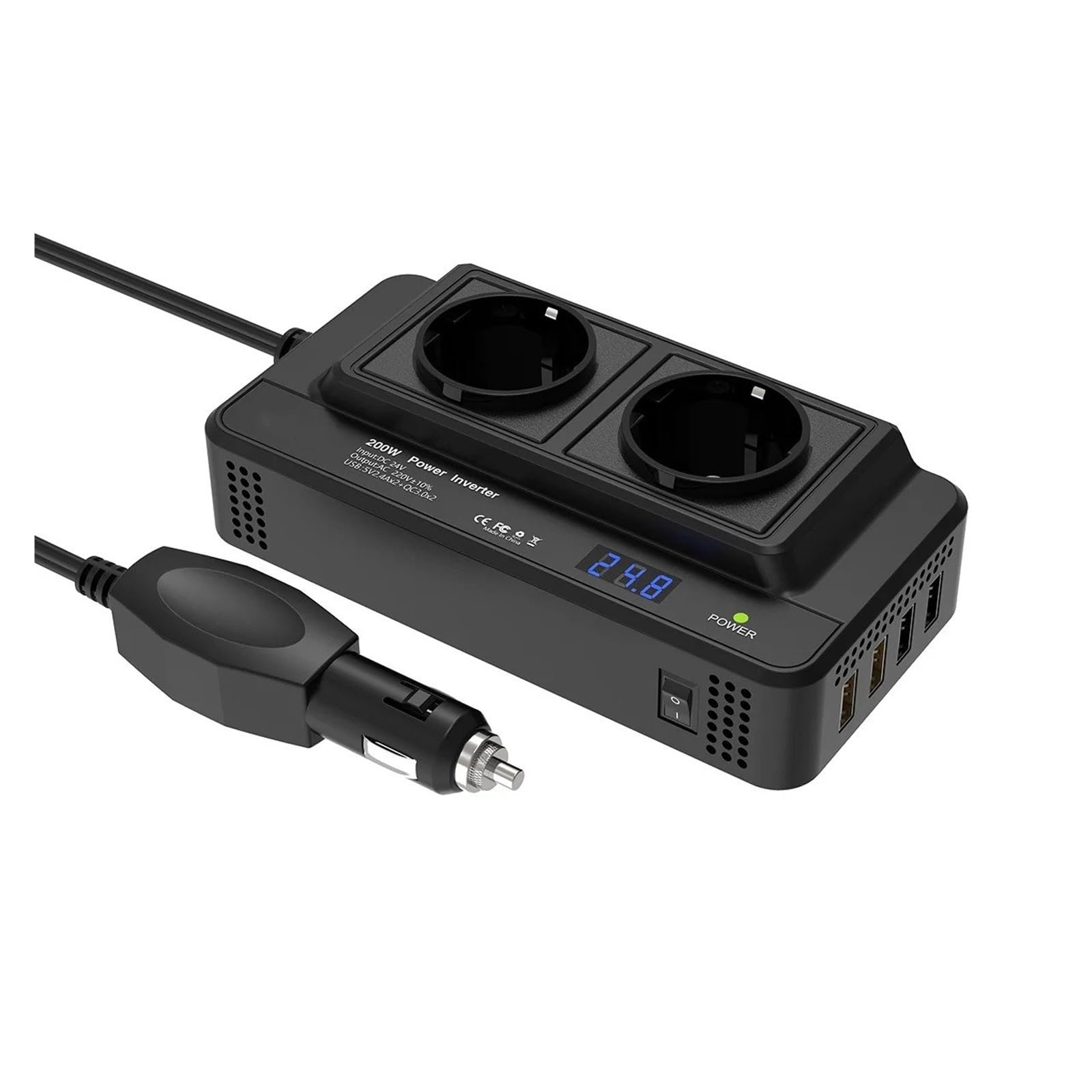 Onduleur 24 V vers 220 V Double Prise Secteur UE Ports USB Et QC 3.0 Charge Rapide Prise Allume-Cigare 200 W Convertisseur Tension Convertisseur