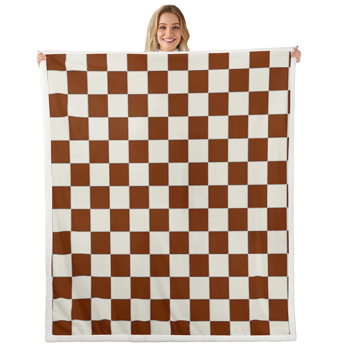 Erosebridal Plaid Throw Blanket Throw 50"X60" Beige Caramel Brown Checkerboard Sherpa Blanket Geometric Checkered Fleece Bed Blanket for Kids Boys Girls, Aesthetic Grid Flannel Blanket