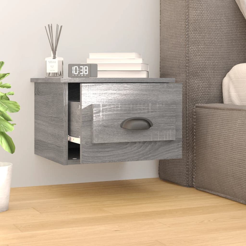 Mesita de noche de pared Sonoma gris 41,5 x 36 x 28 cm con cajón – Mesita de noche de madera, montaje en pared, espacio de almacenamiento flotante