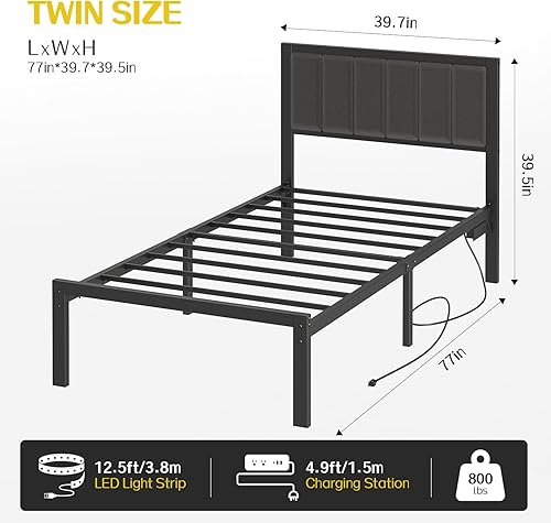 Miniatura 2 de OLEVS Base de cama individual con cabecero, plataforma de metal, tamaño individual, con estación de carga USB y luces LED, no necesita somier