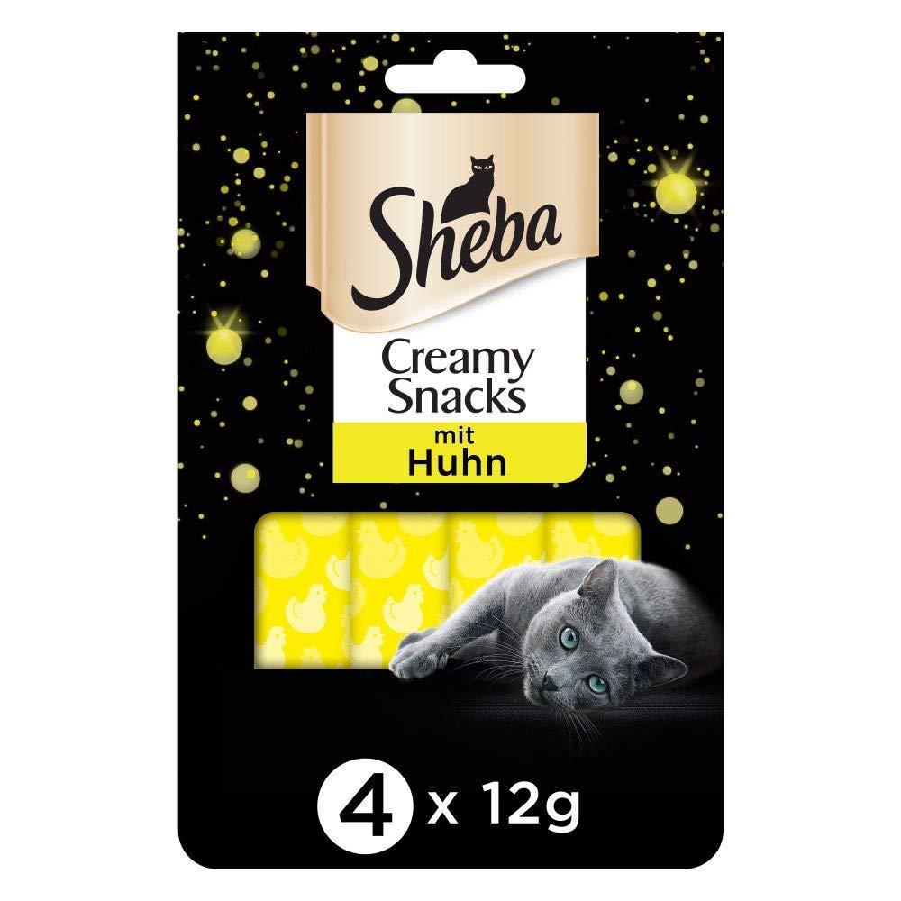 Sheba Creamy Snacks – Cremiges Katzen-Leckerli mit Huhn – Praktische Sticks zum aus der Hand Schlecken – 80 x 12g Katzenleckerchen