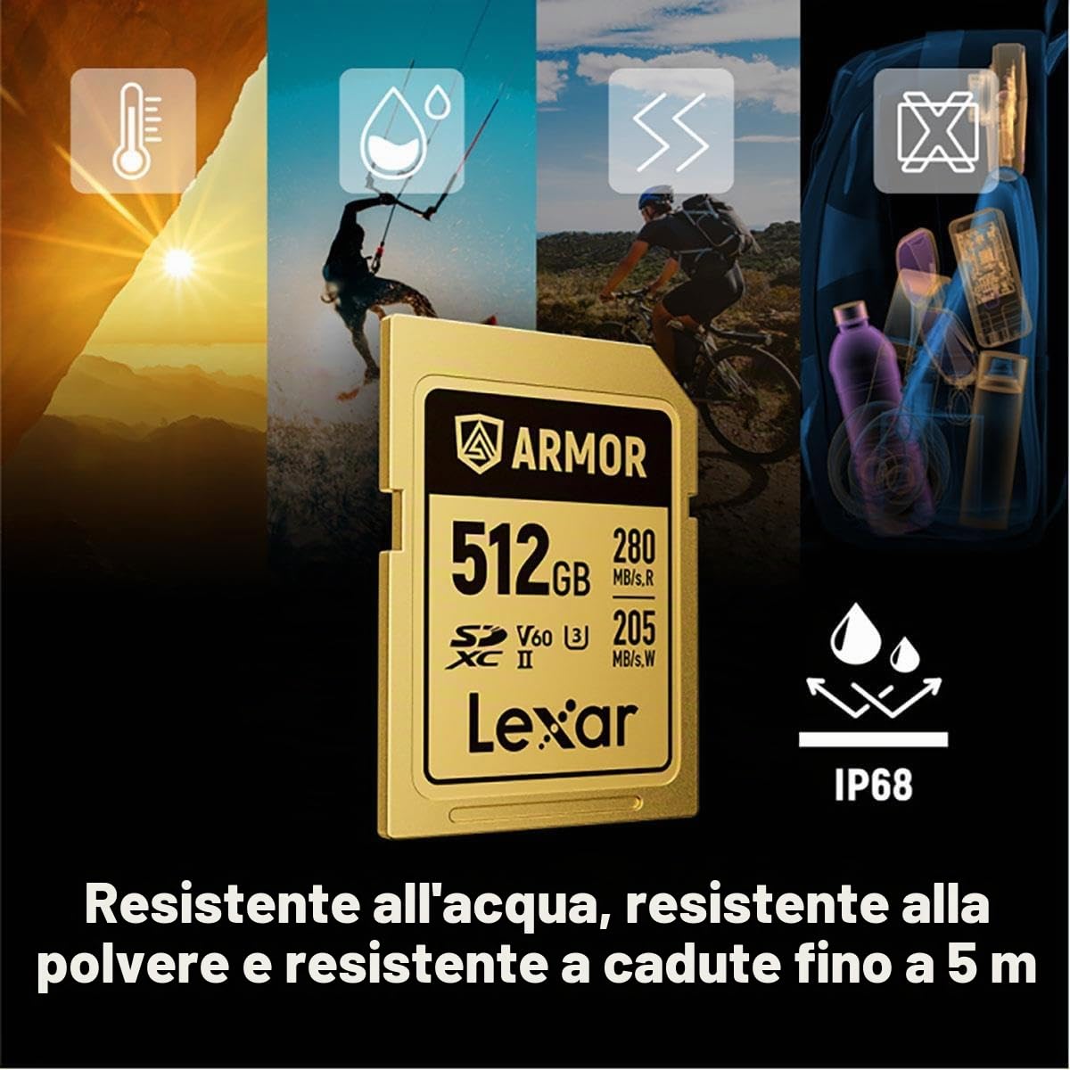 Lexar ARMOR GOLD 512GB SDXC, Scheda di Memoria Rugged in Acciaio, IP68 Impermeabile e Antipolvere, UHS-II ad Alta Velocità, Ideale per Foto e Video 4K/6K