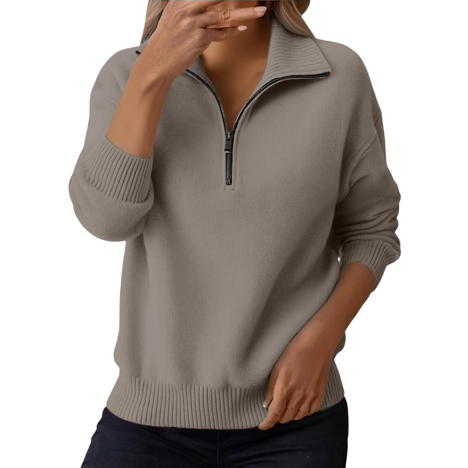Quarter Zip Pullover Casmere Sweater Women Fleece Polo Sweatshirt Long Sleeve Mock Neck Casaul Winter Tops