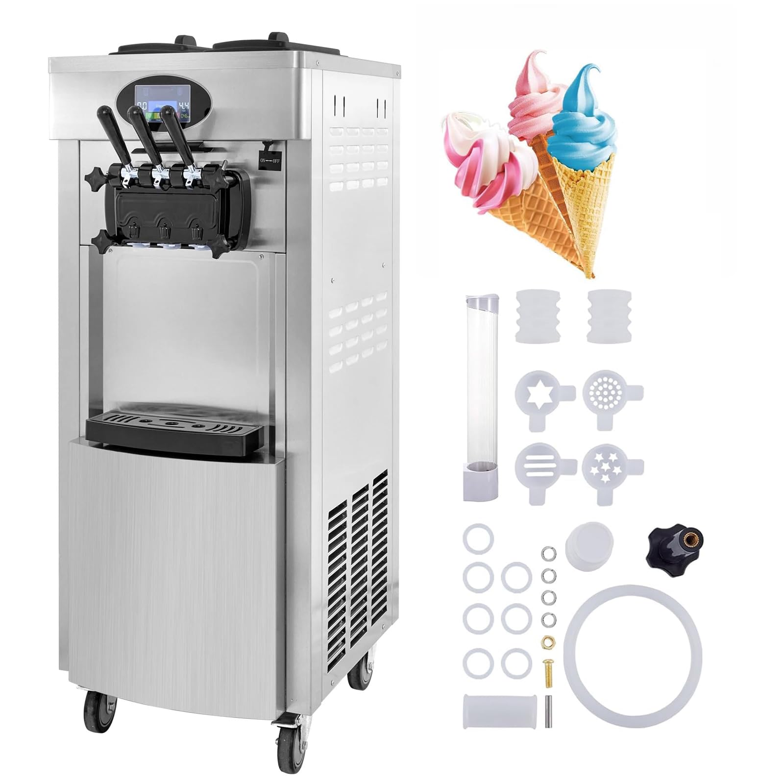 Machine à Crème Glacée Commerciale 20-28L/h 2200W 3 Saveurs, Soft Machine à Glace Italienne Trémie 2x4,3 L, Panneau LED à Nettoyage Automatique, Réfrigération de Nuit, pour Yaourt Café Snack-Bar