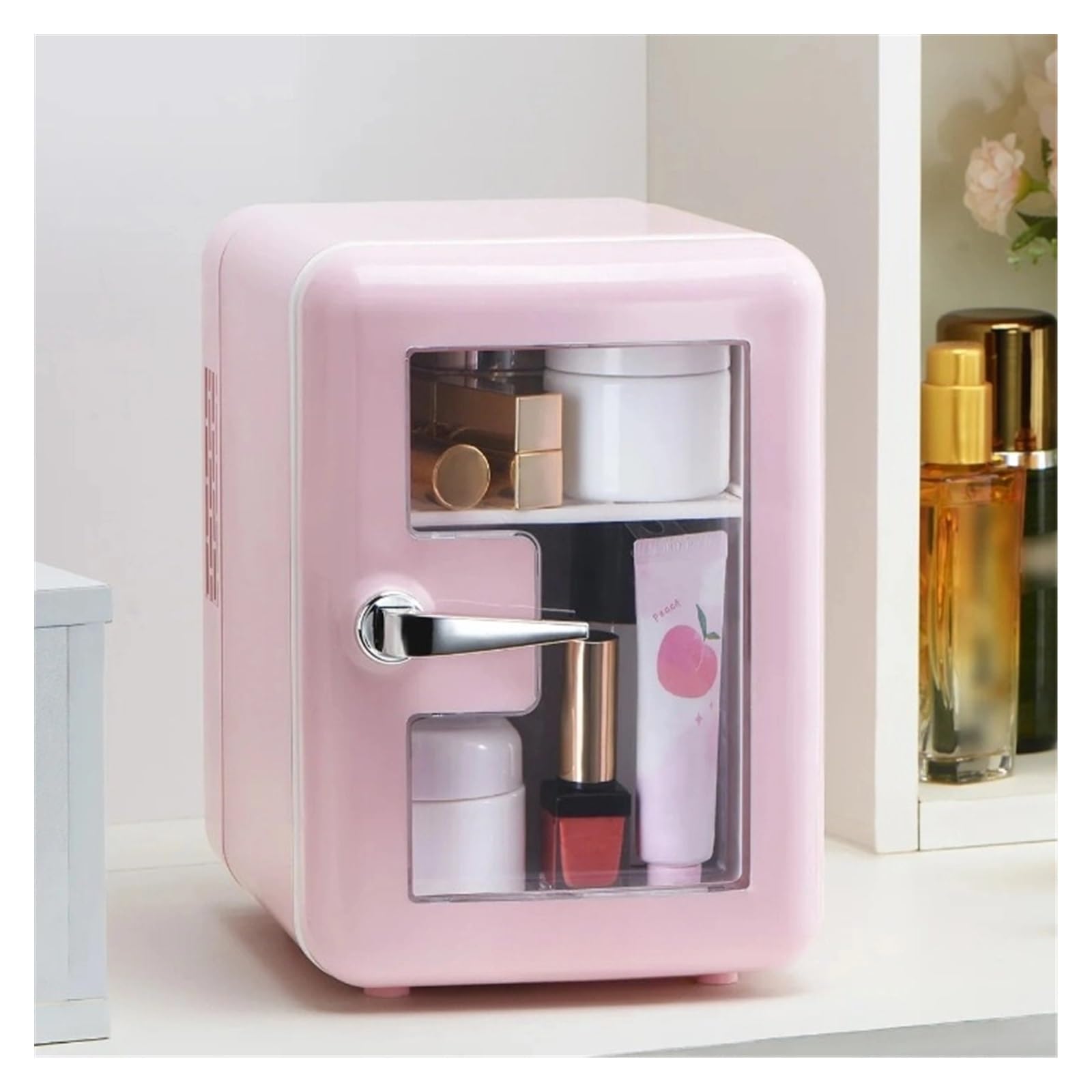 Mini refrigerador portátil Multifuncional de 4 l/6 latas, silencioso, con Ventana Visible, for Maquillaje y Cuidado de la Piel.(White)