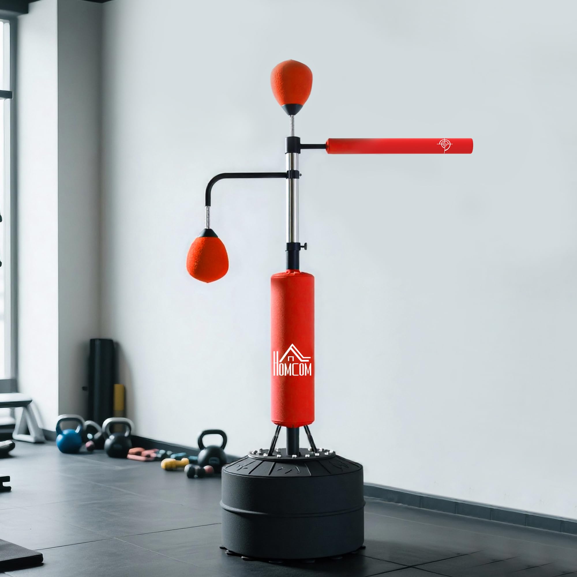 HOMCOM Saco de Boxeo de Pie 160-230 cm 360° Barra Giratoria 2 Bolas de Velocidad Base Rellenable Punching Ball Adultos Niños MMA Muay Thai