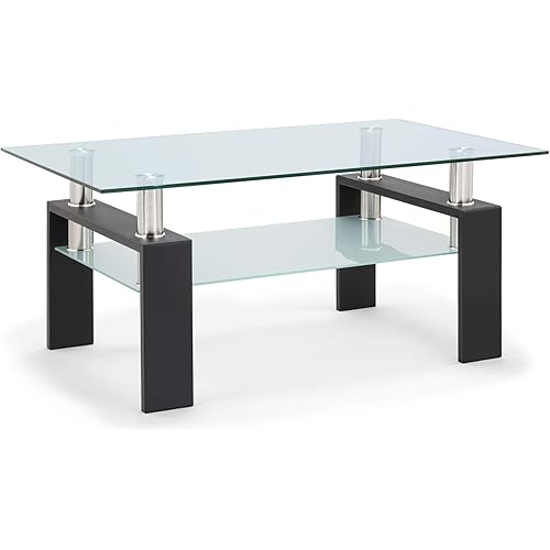 Xmatch Tempered Glass Coffee Table for Living Room with 2 Tiers Size 39.4" x 23.7" (W x D) Black