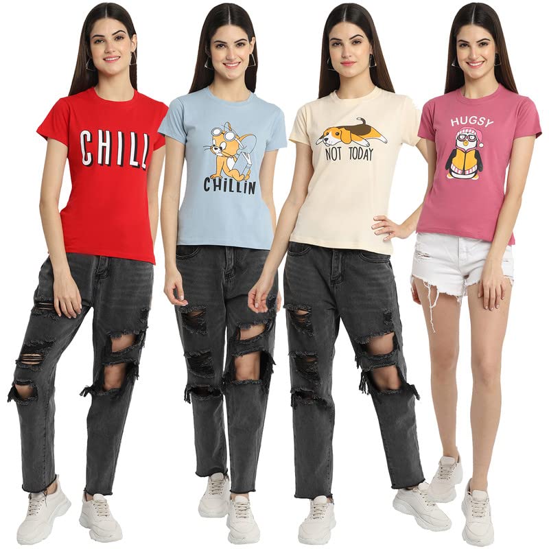 Image of Preneum Women's Cotton Regular Fit Graphic Stylish Printed Short Sleeves Casual T-Shirt |Trend & Styles